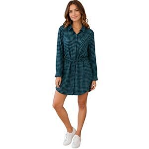 Dark mint plaid tie waist flannel pocket tunic dress NWOT L long sleeve career